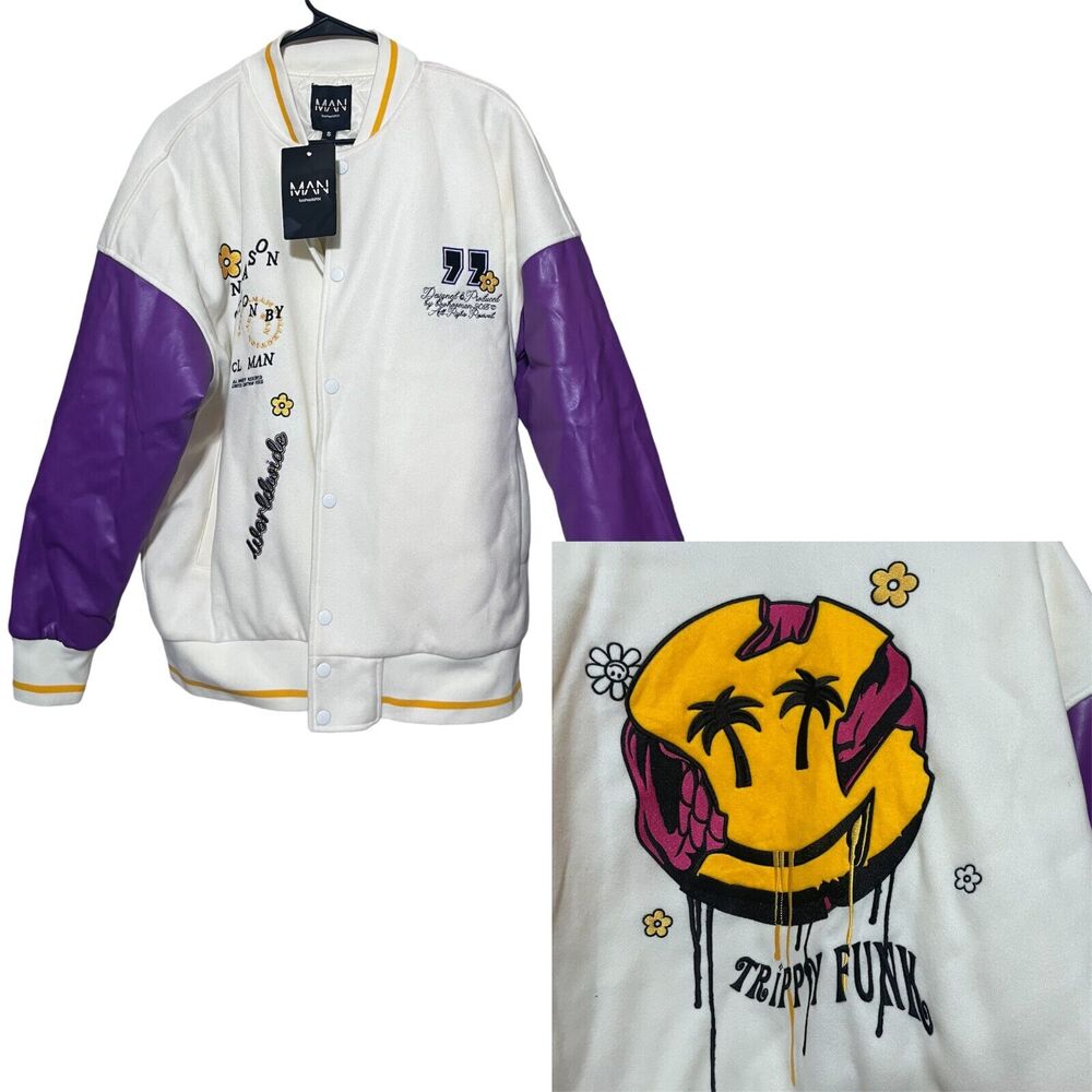 New Boohoo Man Trippy Funk Varsity Bomber Jacket Purple Men's Small‎ Smile Face
